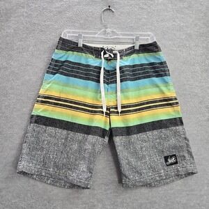 Lost Men Swimwear 32 Blue Board Shorts Striped Drawstring 9" Inseam‎ Polyester